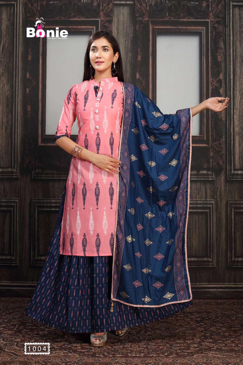 Bonie Meena 2 Latest Fancy Casual Wear Finest Quality Of Rayon Heavy Gold Printed Kurtis With Skirt Collection 